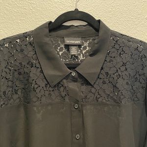Sheer Black with Lace Detail Collared Shirt